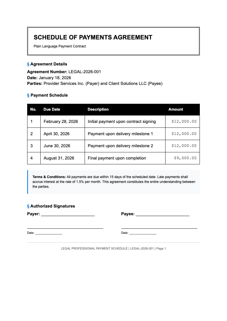 Legal professional payment schedule